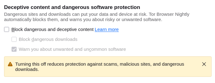 Screenshot of the settings for "Deceptive content and dangerous software protection".